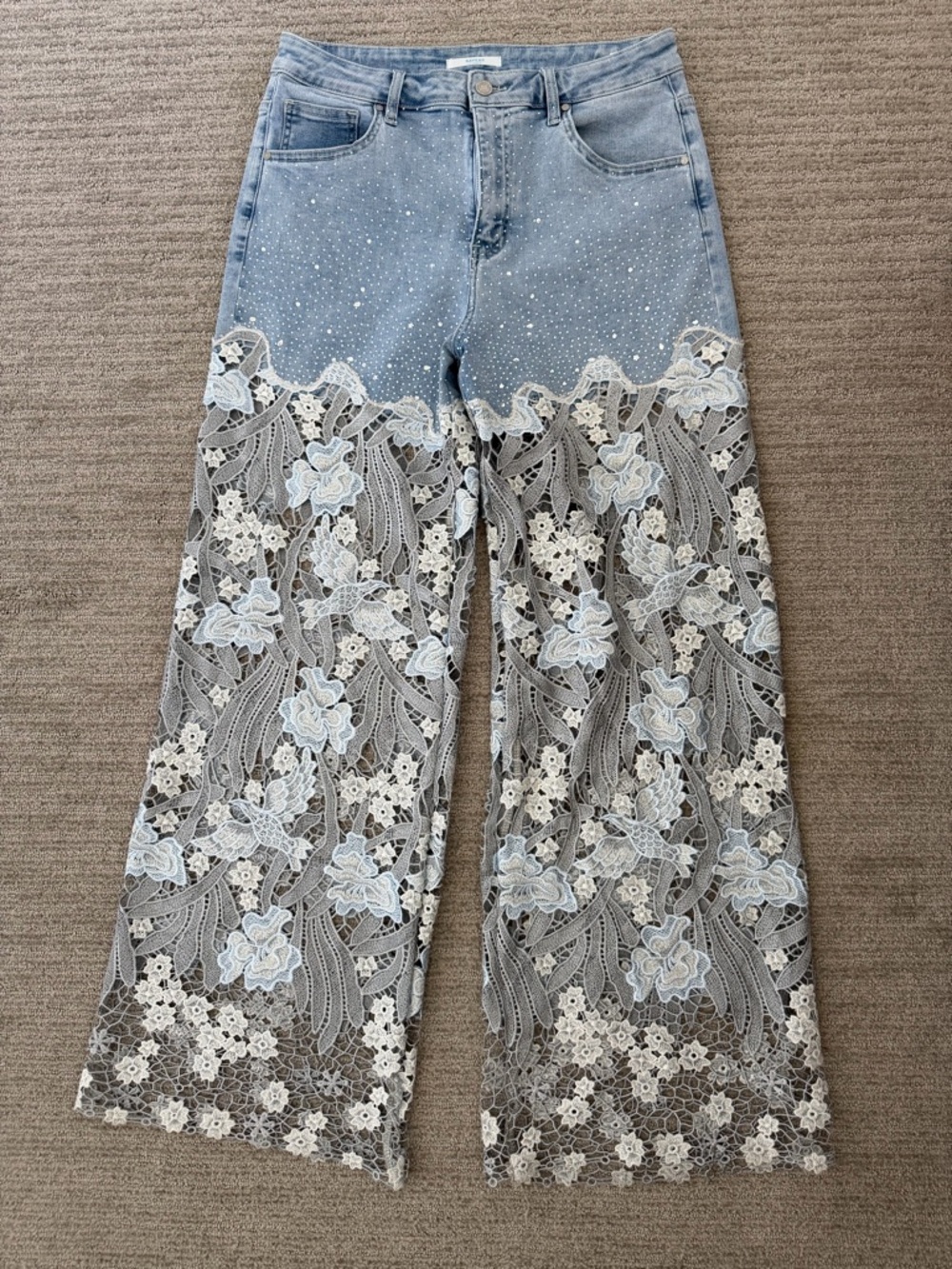 Bayaes Light Blue Lace-Overlay Wide Leg Jeans